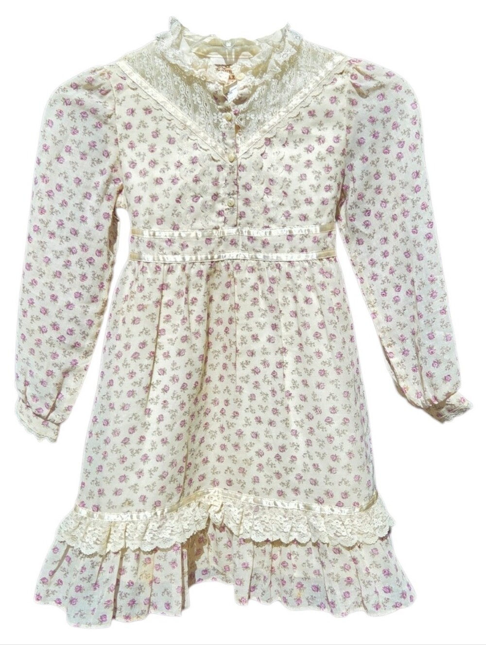 Rare Vintage Gunne Sax Jeunes Filles Girls Cream Floral Dress w/ Lace Trim-Sz 6X